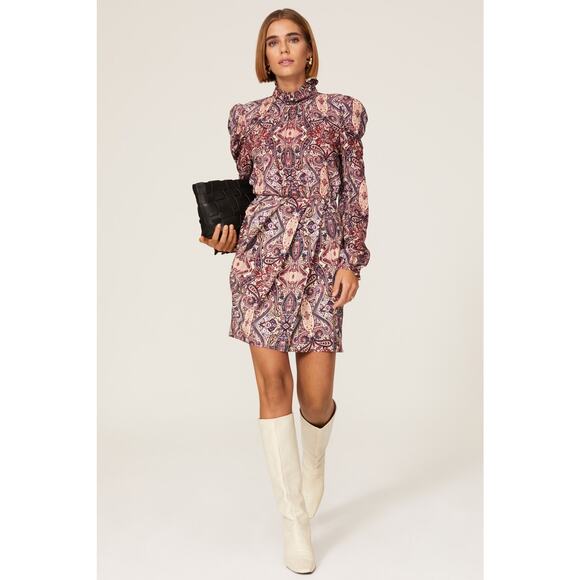 Slate & Willow Paisley Print Puff Long Sleeve Mock Neck A-Line Mini Dress Size S - Picture 1 of 15